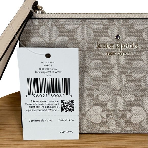 Kate Spade Lucy Small Zip Wristlet – Spade Flower Dark Beige KH614